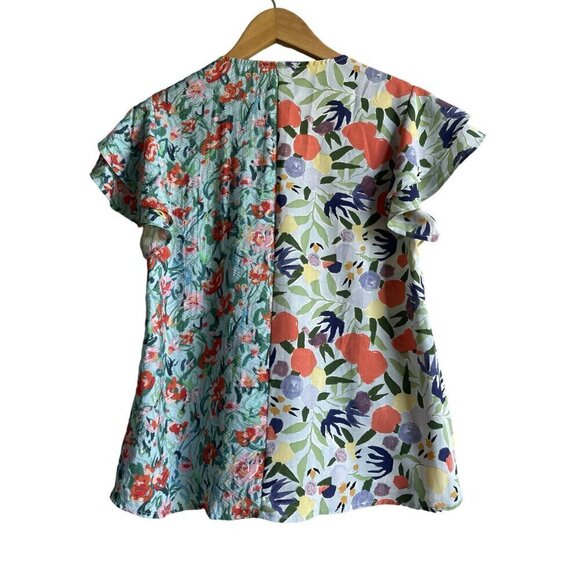 Entro Size Small Floral Top Mixed Print Faux Wrap Short Sleeve V-Neck Colorful A - Picture 2 of 12